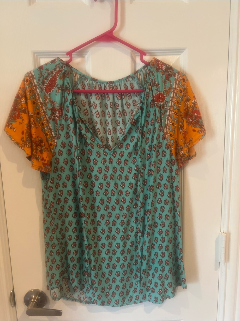 SHEIN Teal Floral V-Neck Blouse with Mustard Paisley Sleeves